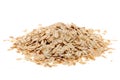 Oat flakes, uncooked oats in bowl with poon and wheat ears on white background. Concept of healthy eating, vegan food, healthy foo Royalty Free Stock Photo