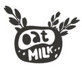 Oat milk, black graphic illustration for packaging design. Hand drawn lettering with sprigs