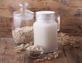 Oat milk in glass pitcher Royalty Free Stock Photo