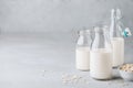 Oat Milk in glass. Vegan non dairy oat milk on gray stone background