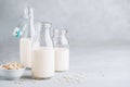 Oat Milk in glass. Vegan non dairy oat milk on gray stone background