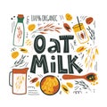 Oat milk. Hand drawn illustration and Lettering of oat elements for healthy, organic, original