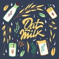 Oat milk. Hand drawn illustration and Lettering of oat elements