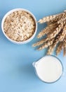 Oat milk in a jug and oats in a white ceramic bowl on a blue paper background.