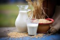 oat milk in rustic jug, hay bales in background Royalty Free Stock Photo