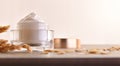 Oat moisturizer cream and spikes on table beige isolated background