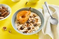 Oat porridge with caramelized pear and chocolate pieces Royalty Free Stock Photo