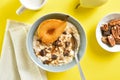 Oat porridge with caramelized pear and chocolate pieces Royalty Free Stock Photo