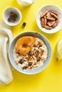 Oat porridge with caramelized pear and chocolate pieces Royalty Free Stock Photo