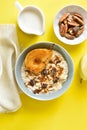 Oat porridge with caramelized pear and chocolate pieces Royalty Free Stock Photo