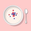 Oat porridge with red berry, blueberries. healthy diet meal on plate. Vector illustration. Simple flat stock image. Breakfast meal