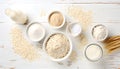 Oat products from flakes, milk, flour and whole grains top view. Healthy food, vegetarian diet concept