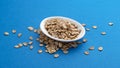 Oat rye flakes on blue color background Royalty Free Stock Photo