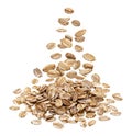 Oat rye flakes falling on pile isolated on white background Royalty Free Stock Photo