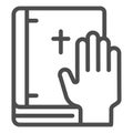 Oath on bible line icon. Swearing on book vector illustration isolated on white. Honest outline style design, designed