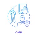 Oath blue concept icon. Affirmation in court. Making pledge on book. Courthouse legislation. Witness testimony. Notary