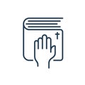 Oath icon. Hand on the Bible. Take an oath. Promising gesture.