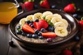 Oatmeal with banana, strawberries and blueberries on a wooden table, Healthy breakfast bowl with oat granola, berries and milk, AI