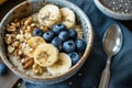 Oatmeal with bananas, blueberries, walnuts, and chia seeds. Healthy breakfast concept Royalty Free Stock Photo