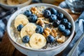 Oatmeal with bananas, blueberries, walnuts, and chia seeds