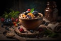 Oatmeal with berries in a wooden bowl on a dark background.