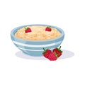 Oatmeal in blue bowl with raspberries. Fruit breakfast cereal. Vector illustration of healthy carbohydrate diet