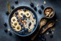 Oatmeal with blueberries, banana and nuts in a bowl on a dark background.