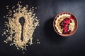 Oatmeal in bowl with berries, bananas and walnuts Royalty Free Stock Photo