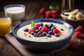 Oatmeal bowl blueberry vegetarian oat food fruit porridge breakfast cereal healthy Royalty Free Stock Photo