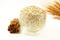 Oatmeal in bowl with cinnamon and oats ears on white background