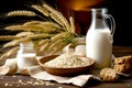 oatmeal in a bowl, milk and golden wheat ears on a dark wooden background. Healthy lifestyle, healthy eating, vegetarian food
