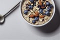Oatmeal breakfast with blueberries and nuts, food photography and illustration
