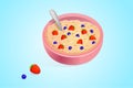 Oatmeal for breakfast with blueberries and strawberries in a pink plate. illustration of cereal with berries on a blue