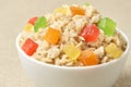 Oatmeal breakfast bowl. Organic healthy food with candied fruit Royalty Free Stock Photo