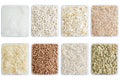 Oatmeal, buckwheat pearl barley oatmeal wheat rice and lentils on  transparent square plate. White isolate Royalty Free Stock Photo