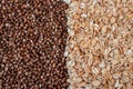 Oatmeal and buckwheat two healthy breackfast seeds tipes above view Royalty Free Stock Photo