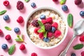 Oatmeal cereal with milk and berries top view.