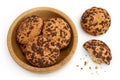 oatmeal chocolate chip cookie in wooden bowl isolated on white background. Top view. Flat lay Royalty Free Stock Photo