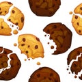 Vector chocolate chip cookies pattern. Oatmeal cookie with chocolate crumbs seamless pattern. Royalty Free Stock Photo