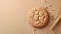 Oatmeal Cookie with Wheat Spikes on Brown Background