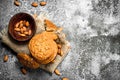 Oatmeal cookies in a bowl with nuts. Royalty Free Stock Photo