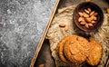 Oatmeal cookies in a bowl with nuts. Royalty Free Stock Photo