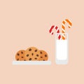 Oatmeal cookies with chocolate chips, milk and candy. Treats for Santa. Vector.