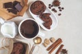 Oatmeal cookies with cocoa and chocolate, cup of coffee and a milk jug Royalty Free Stock Photo