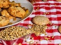 Oatmeal cookies with husk whole oats in scoop. Leftovers breakfast.