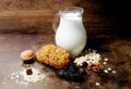 Biscuit. Bakery products. Oat cookies. Homemade oatmeal cookies with cereals and dried fruits. Oatmeal cookies and milk. Cereals a Royalty Free Stock Photo