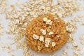 Oatmeal cookies with oat flakes on a white plate. Healthy food for breakfast or a snack. Close up. Soft focus Royalty Free Stock Photo