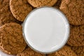 Oatmeal cookies in a plate and a glass of milk, close-up. View from above. Royalty Free Stock Photo