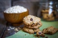 Oatmeal cookies with raisins on wooden background,vintage Royalty Free Stock Photo