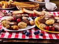 Oatmeal Cookies and sand chocolate cake with blueberries sun flare